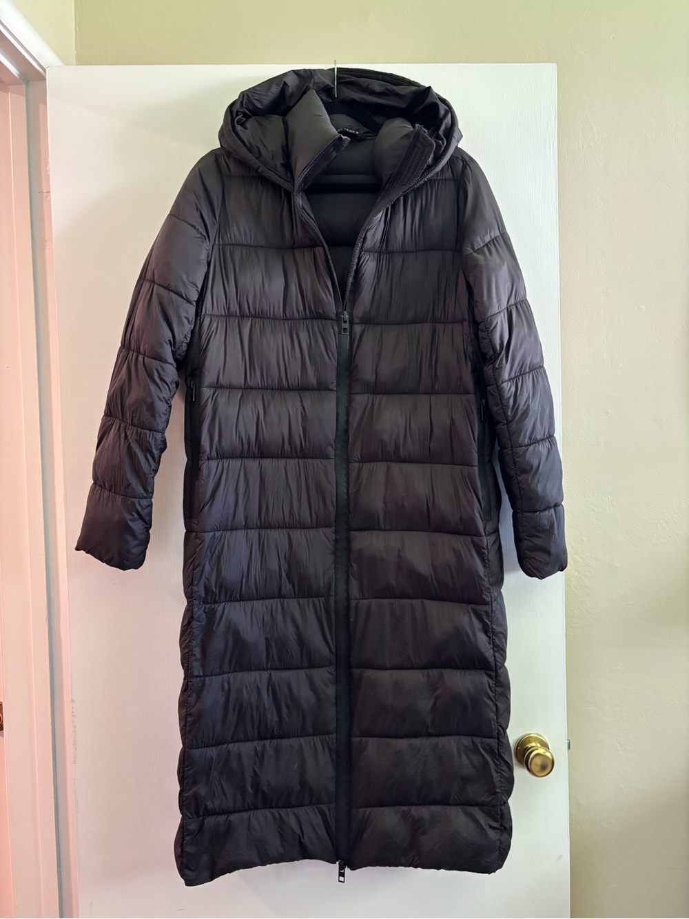 Zara Long Black Hooded Puffer Coat - Women's